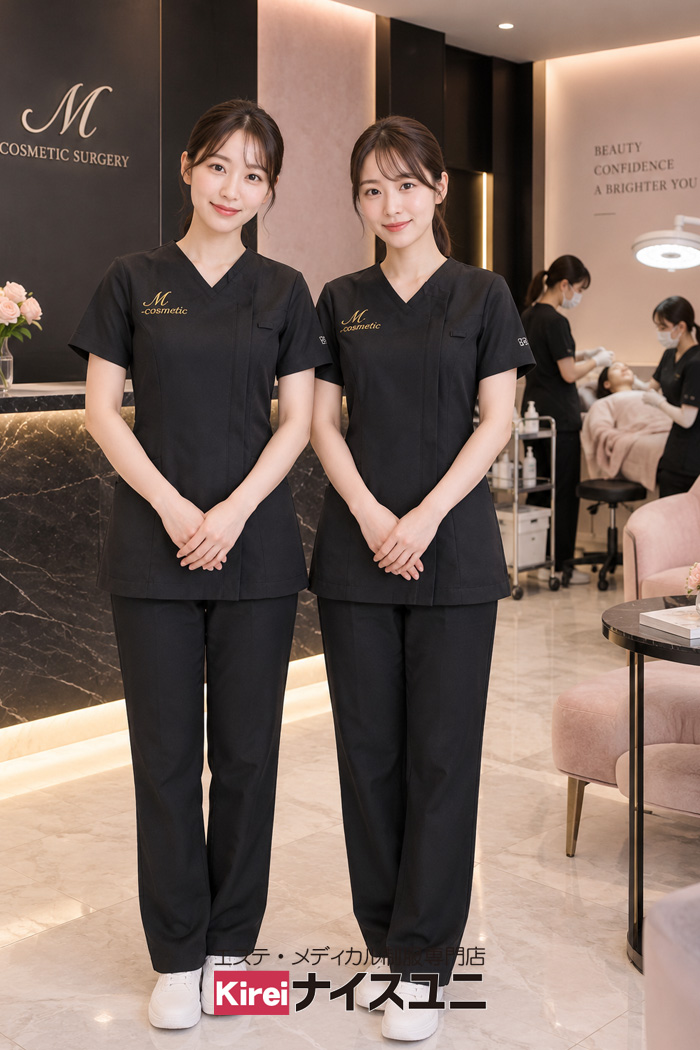 美容外科の看護師制服｜ブラックスクラブで魅せる高級感とエレガントなユニフォームコーデ｜エステ・歯科・病院介護ユニフォームはコーディネートから選ぶ【mxp0004】