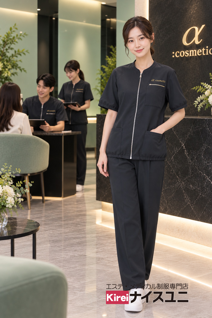 美容外科の医師制服｜ダークグレーのファスナースクラブで魅せるスタイリッシュなユニフォーム｜エステ・歯科・病院制服はコーデから選ぶ【mxp0008】