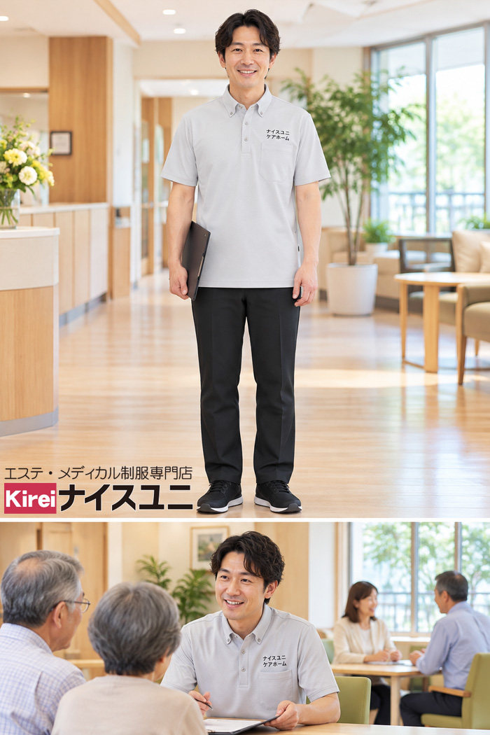 介護老人保健施設の生活相談員に｜グレー×ブラックのモダンでスタイリッシュなユニフォーム｜エステ・歯科・病院ユニフォームはコーディネートから選ぶ【ec0072】