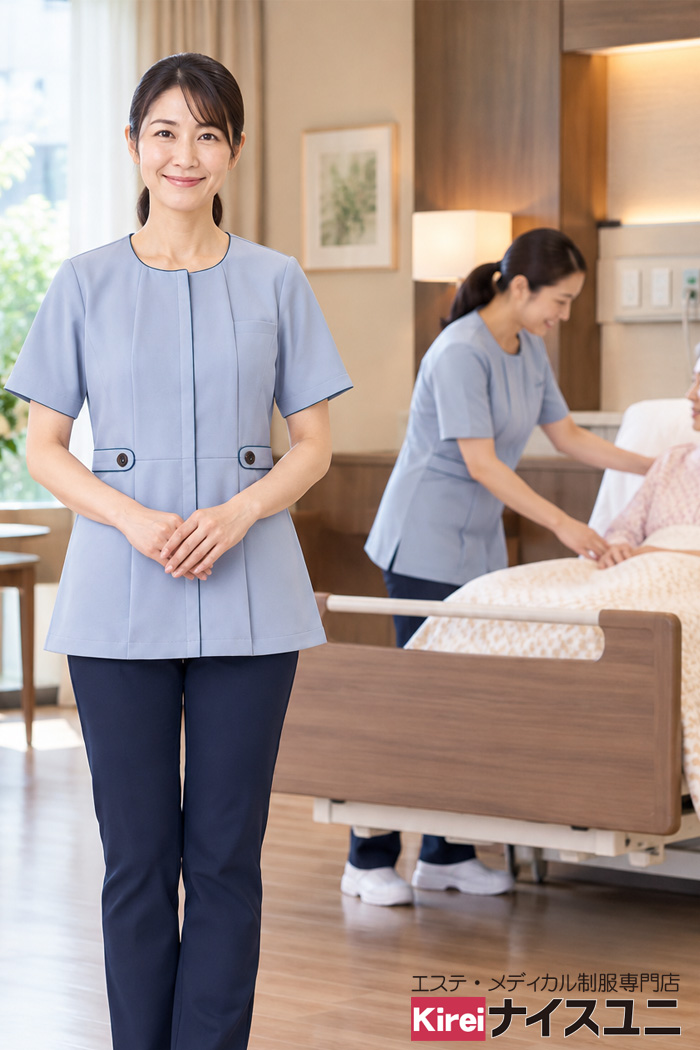 有料老人ホームの看護師制服｜上品なブルーのエレガントコーデ｜エステ・歯科・病院ユニフォームはコーディネートから選ぶ【ef0025】