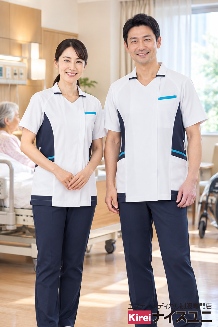 特別養護老人ホームの看護師制服｜白×ネイビーのプロフェッショナルなスクラブコーデ｜エステ・歯科・病院ユニフォームはコーディネートから選ぶ【esm0024】