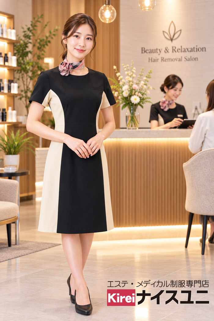 脱毛サロン受付の上品なワンピース制服コーデ｜ブラック×ベージュでナチュラルな印象｜エステ・歯科・病院ユニフォームはコーディネートから選ぶ-エステクリニック制服専門店ナイスユニ【mxb0024】