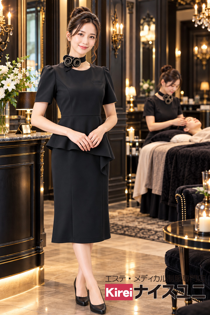 高級エステサロンのエステティシャン制服｜ブラックワンピースで魅せるスタイリッシュなユニフォームコーデ｜エステ・歯科・病院ユニフォームはコーディネートから選ぶ-エステクリニック制服専門店ナイスユニ【mxb0029】