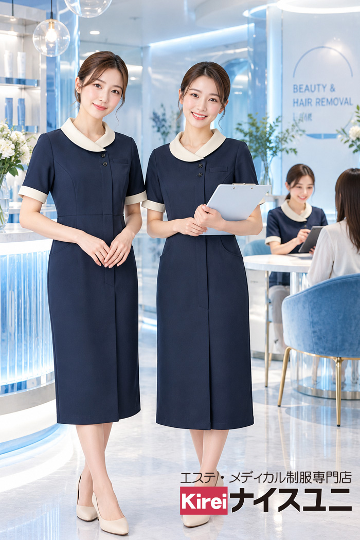 脱毛サロンのカウンセラー制服｜ネイビーワンピース×ベージュカーディガンの清潔感コーデ｜エステ・歯科・病院ユニフォームはコーディネートから選ぶ-エステクリニック制服専門店ナイスユニ【mxb0030】