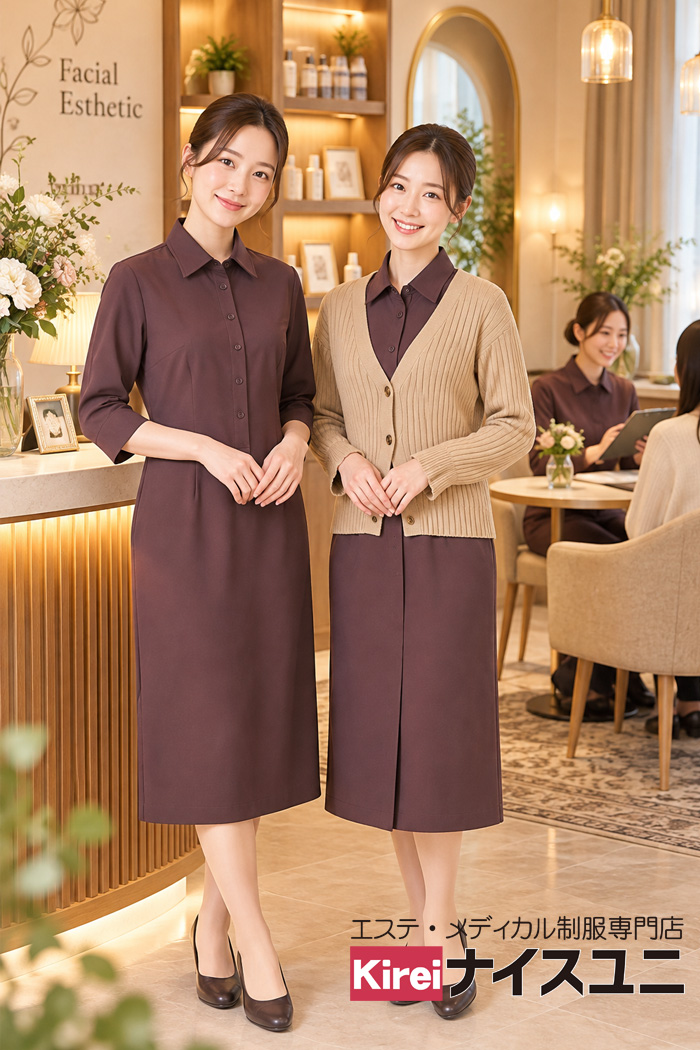 フェイシャルエステ受付制服｜ブラウンワンピース×ベージュカーディガンの親しみやすいコーデ｜エステ・歯科・病院ユニフォームはコーディネートから選ぶ-エステクリニック制服専門店ナイスユニ【mxb0032】