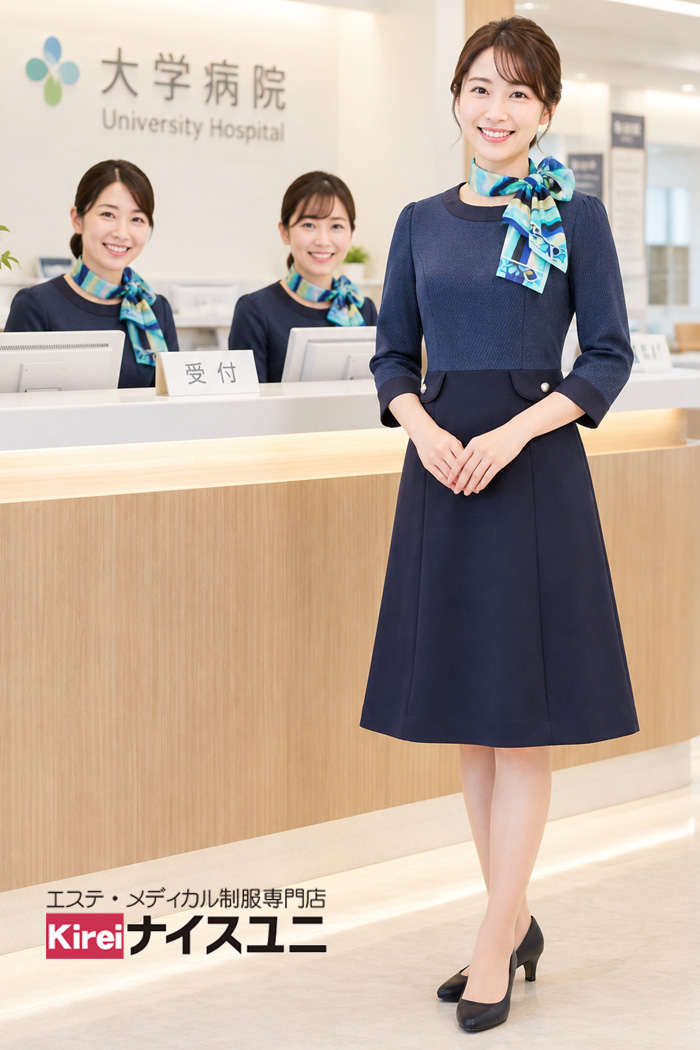 大学病院の医療事務制服｜ネイビーワンピース×ブルースカーフで明るく親しみやすい受付コーデ｜エステ・歯科・病院ユニフォームはコーディネートから選ぶ-エステクリニック制服専門店ナイスユニ【mxc0023】