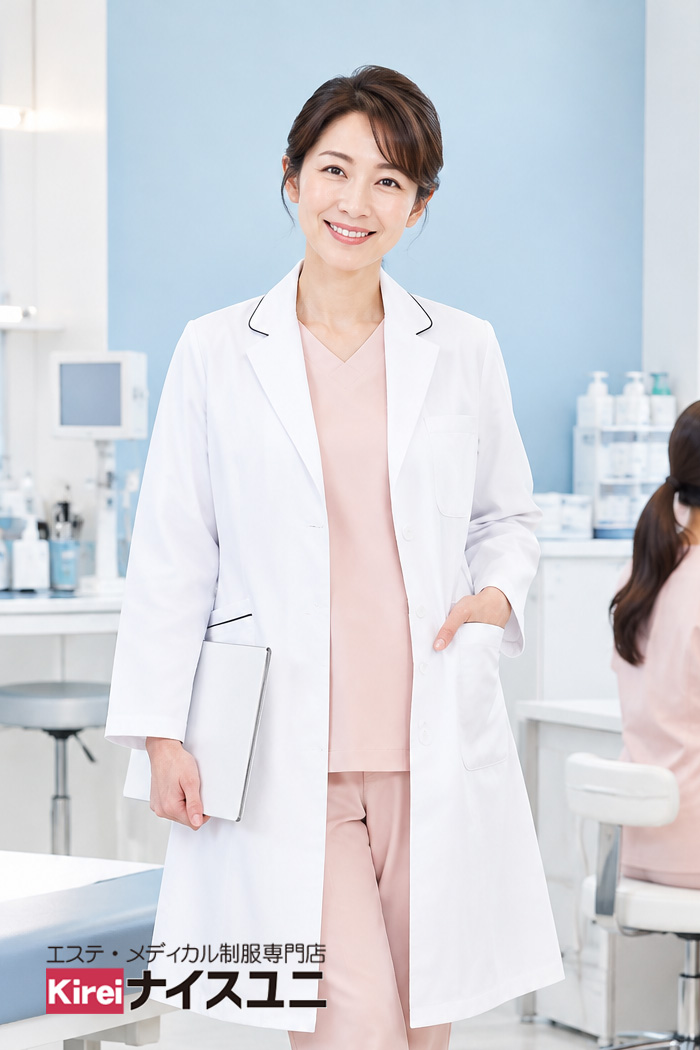 クリニックの女性医師制服｜ペールピンクスクラブ×白衣で爽やか・清潔感のあるドクターコーデ｜エステ・歯科・病院ユニフォームはコーディネートから選ぶ-エステクリニック制服専門店ナイスユニ【mxc0024】
