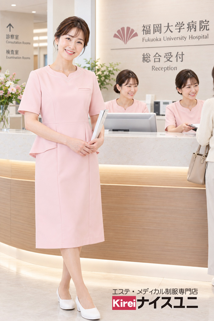 大学病院の受付制服｜上品なピンクワンピースで信頼感とエレガントな印象を演出｜エステ・歯科・病院ユニフォームはコーディネートから選ぶ-エステクリニック制服専門店ナイスユニ【mxc0028】