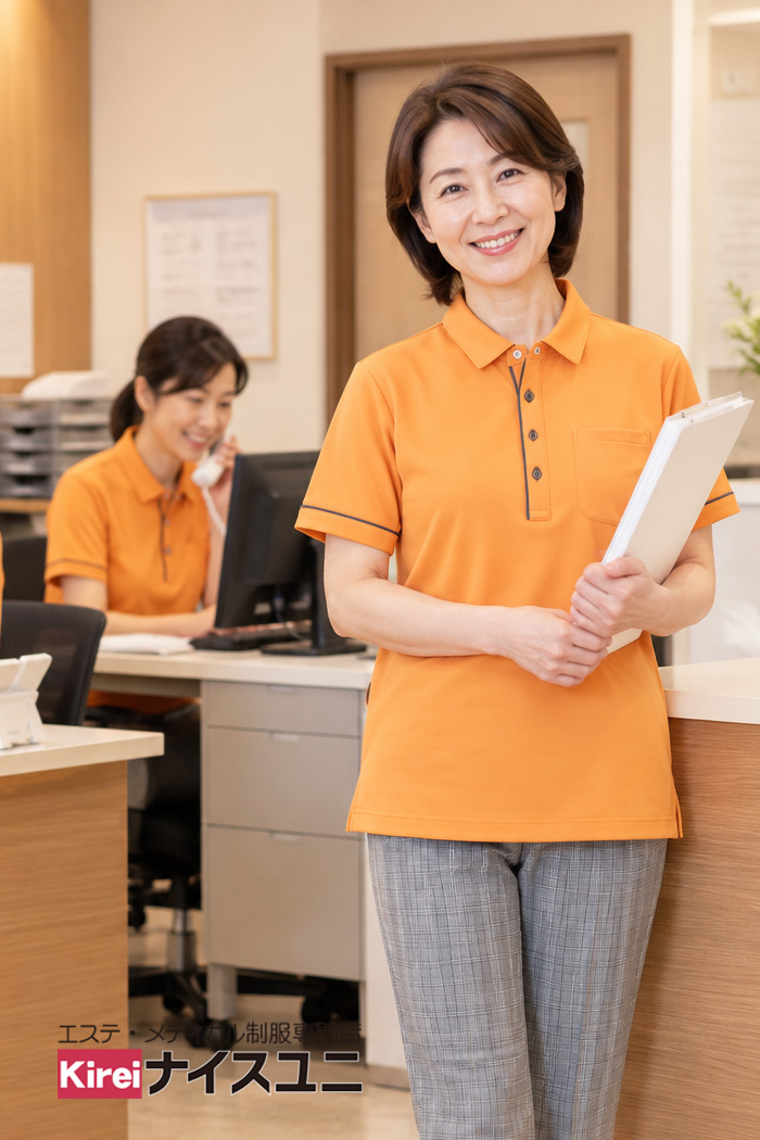 クリニックの医療事務制服｜サニーオレンジのポロシャツ×グレンチェックで親しみやすいコーデ｜エステ・歯科・病院ユニフォームはコーディネートから選ぶ-エステクリニック制服専門店ナイスユニ【mxc0029】