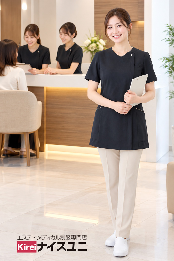 クリニック看護師制服｜ブラックスクラブ×ベージュパンツの親しみやすい上品コーデ｜エステ・歯科・病院ユニフォームはコーディネートから選ぶ-エステクリニック制服専門店ナイスユニ【mxc0040】