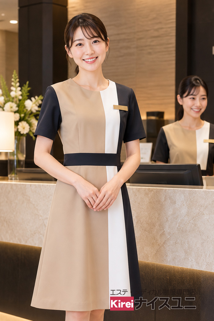 総合病院の受付制服｜ベージュのトリコロールワンピースでナチュラル＆やさしい印象｜エステ・歯科・病院ユニフォームはコーディネートから選ぶ-エステクリニック制服専門店ナイスユニ【mxc0043】