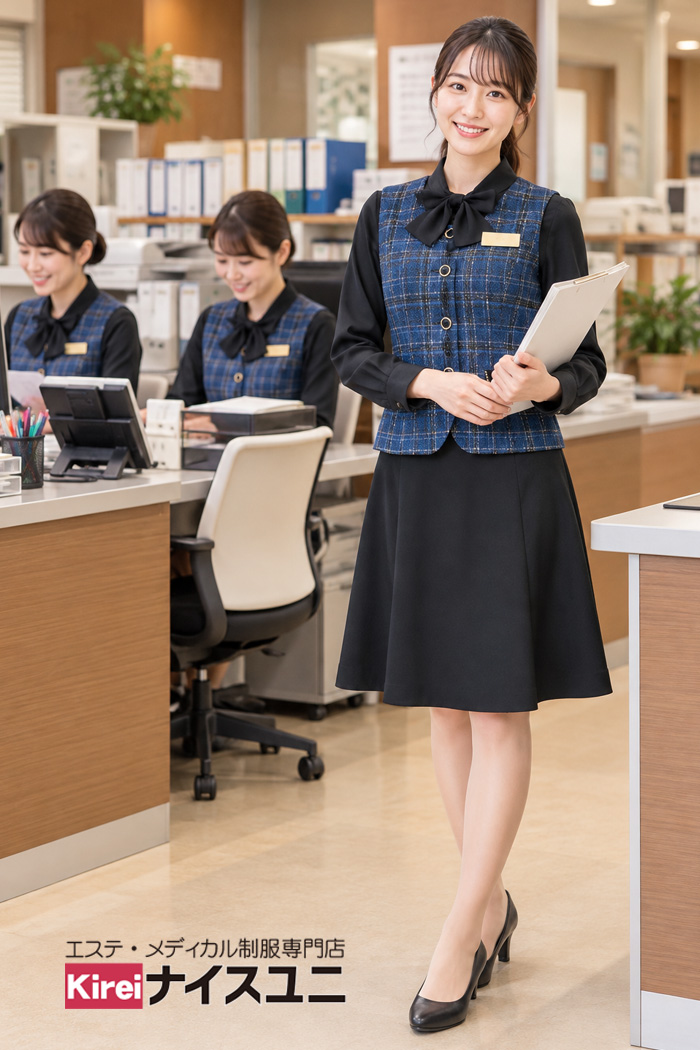 大学病院の医療事務制服｜ネイビーチェックベストで明るく親しみやすい受付ユニフォーム｜エステ・歯科・病院ユニフォームはコーディネートから選ぶ-エステクリニック制服専門店ナイスユニ【mxc0044】