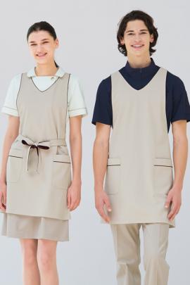 【歯科・介護・病院ユニフォーム】Vネックのすっきりシルエット　ベージュタスキエプロン【男女兼用】
