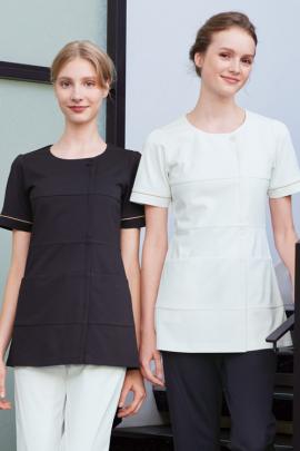 【歯科・美容クリニックユニフォーム】洗練されたモード感のあるノーカラーチュニック【女性用2色】