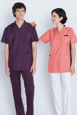 【歯科・介護・病院制服】スクラブ(男女兼用)14色　両サイドに配したニット素材が動きやすい　制電
