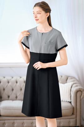 【エステサロン・歯科クリニック制服ユニフォーム】映える前開き千鳥柄ワンピース E3146