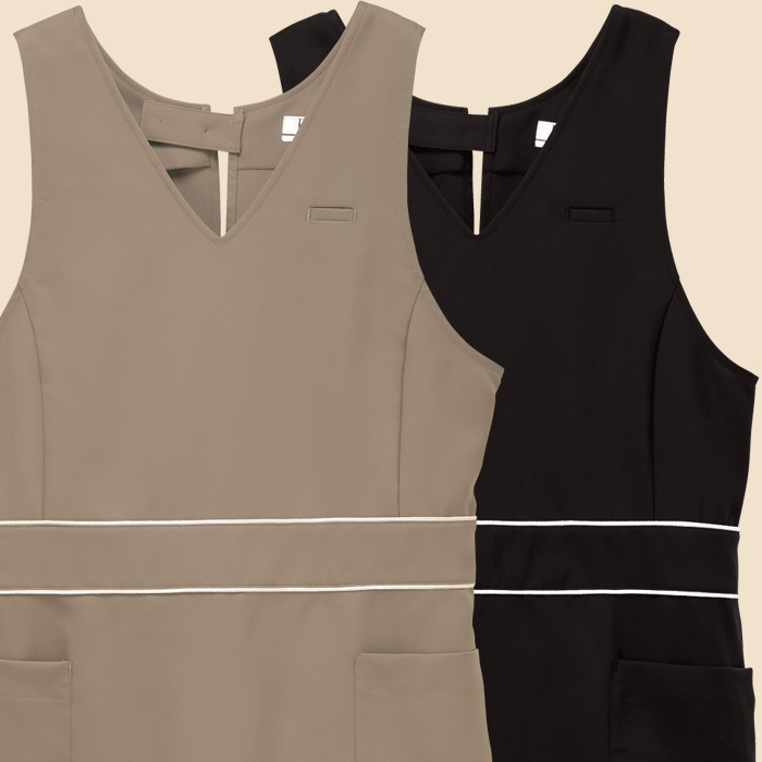 【販売店・サロン制服】エプロンドレス2色【女性用】　高め位置のパイピングがスタイルアップ効果　スペック