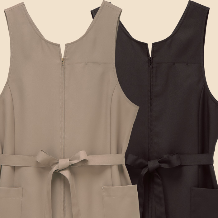 【販売店・サロン制服】エプロンドレス2色【女性用】　前ファスナーで着脱ラクラク　ウエストリボンがアク　スペック