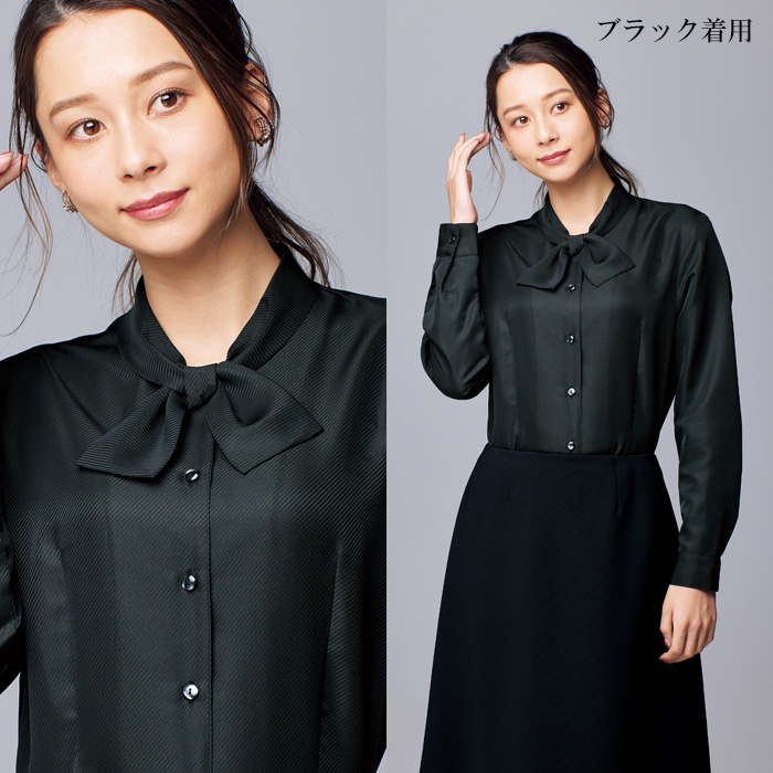 【受付・おもてなし・事務】簡単リボンの長袖ブラウス【3色】　モデル着用イメージ