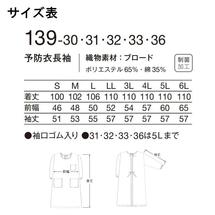 【病院・歯科・クリニック】ナースウェアをゆったり包む予防衣エプロン　サイズ表