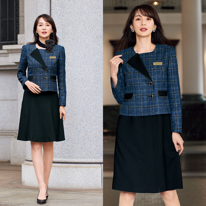 【受付・おもてなし・事務】特別なクラス感でおもてなしブルーチェックジャケット【女性用】　モデル着用イメージ