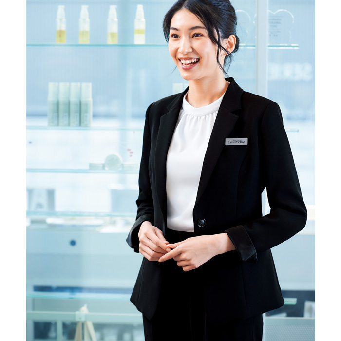 【ホテル飲食店受付・販売店制服】1枚で着映える、エコ素材　ストレッチスタンドカラーカットソー(七分袖