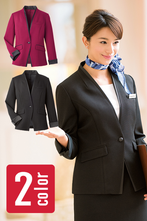 【ホテル受付フロント制服】サテンの重ね衿がラグジュアリーなジャケット