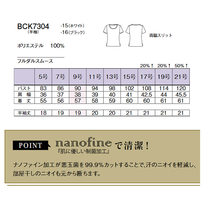 ララウンドネック半袖ニット　汗のニオイを軽減する制菌加工　～21号　スペック