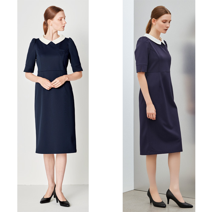 【エステ・受付制服】 フォロレゾン 六分袖ワンピース　【2色】付け襟2色付き　動きやすいニット生地　モデル