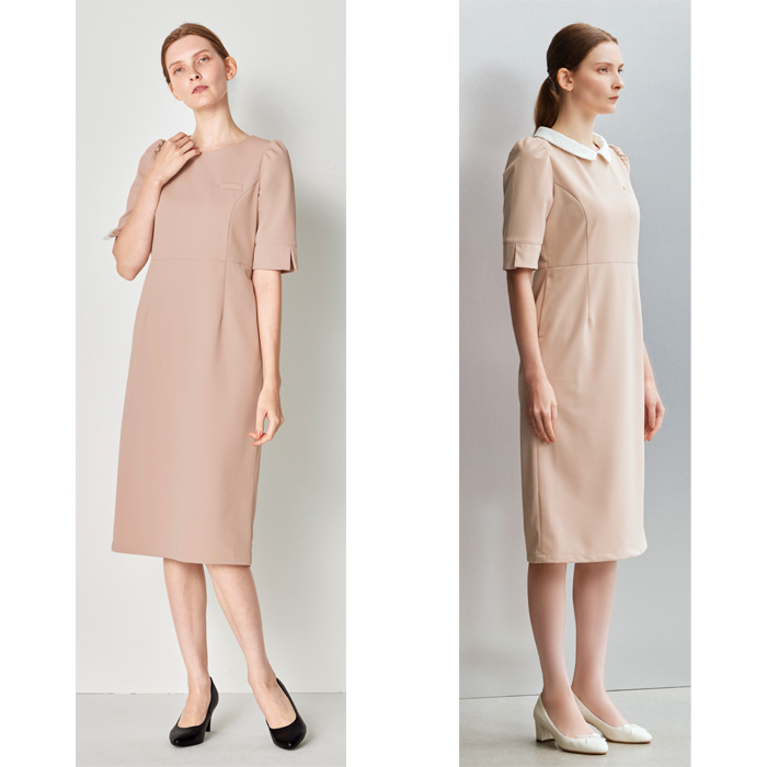 【エステ・受付制服】 フォロレゾン 六分袖ワンピース　【2色】付け襟2色付き　動きやすいニット生地　モデル