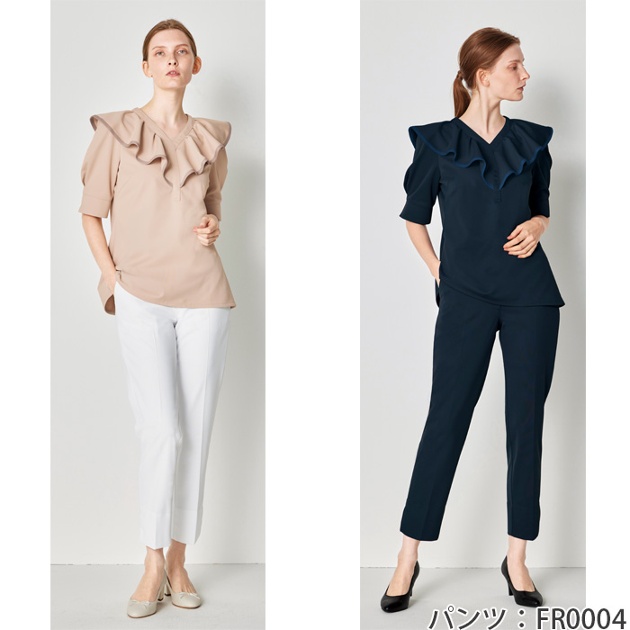 【エステ・受付制服】 フォロレゾン 六分袖チュニック　【2色】華やかカラー　動きやすいニット生地　モデル