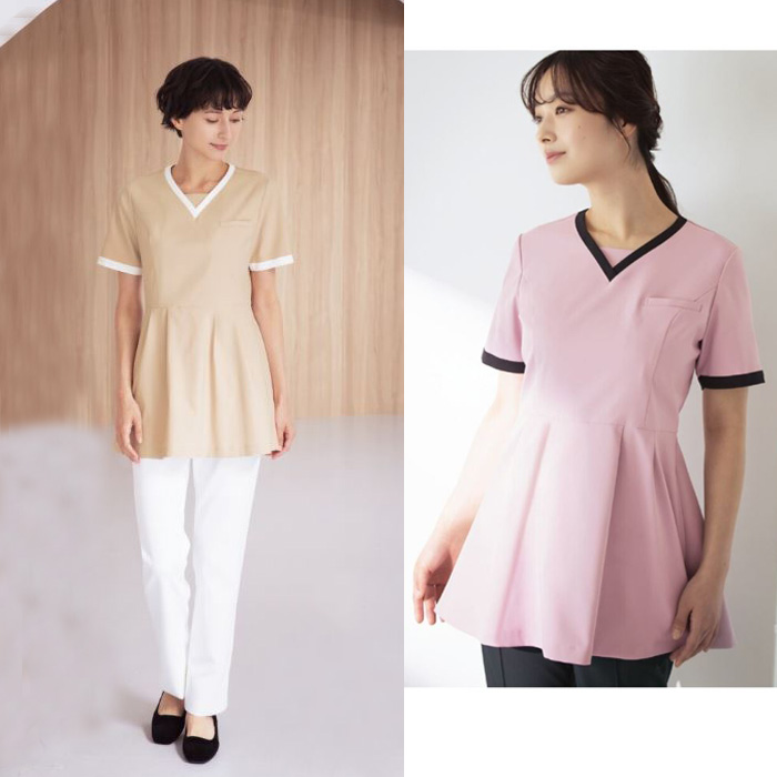 【病院受付・歯科・エステサロン】フレアが華やかなVネックチュニック【女性用】　モデル
