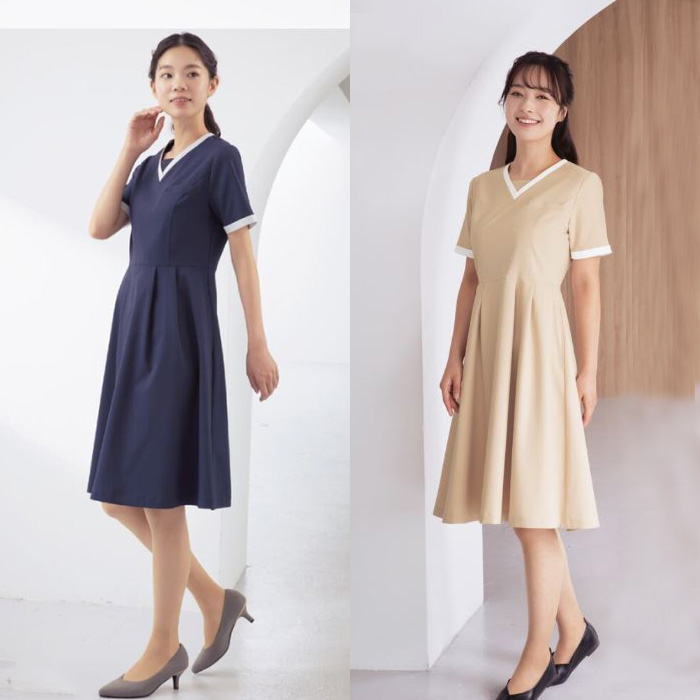 【病院受付・歯科・エステサロン】フレアが華やかなVネックワンピース【女性用】　モデル